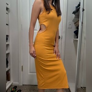 Forever 21 Mustard Midi Dress with Side Cut-Outs